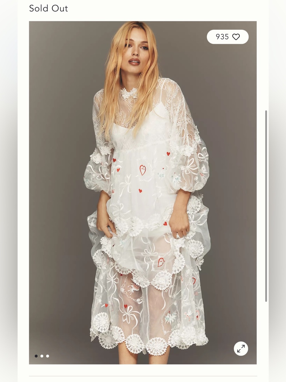 Maeve Sheer 3D Floral Long-Sleeve V-Neck Embroidered Hearts Dove Maxi Dress XL
